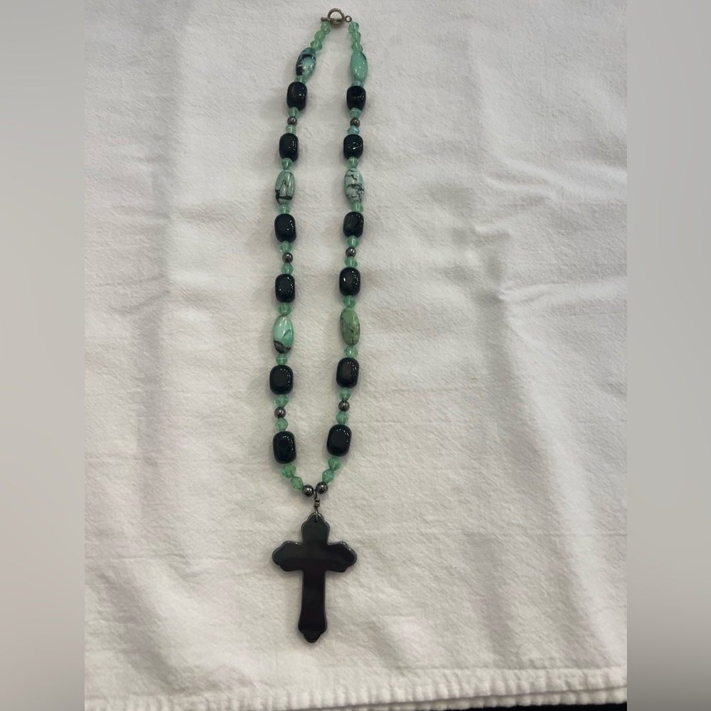 Aqua and black cross necklace